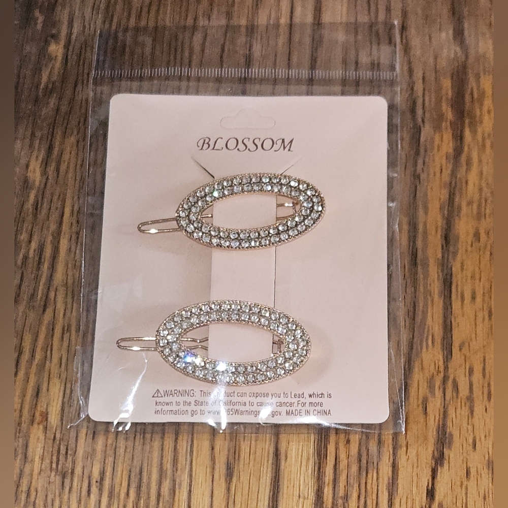 2 PC Elegant Gold Toned Oval Rhinestone Hair Clips BNIB